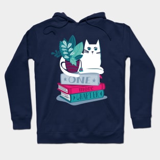 One more chapter // spot // navy background white cat striped mug with plants pink teal and blue books with quote Hoodie